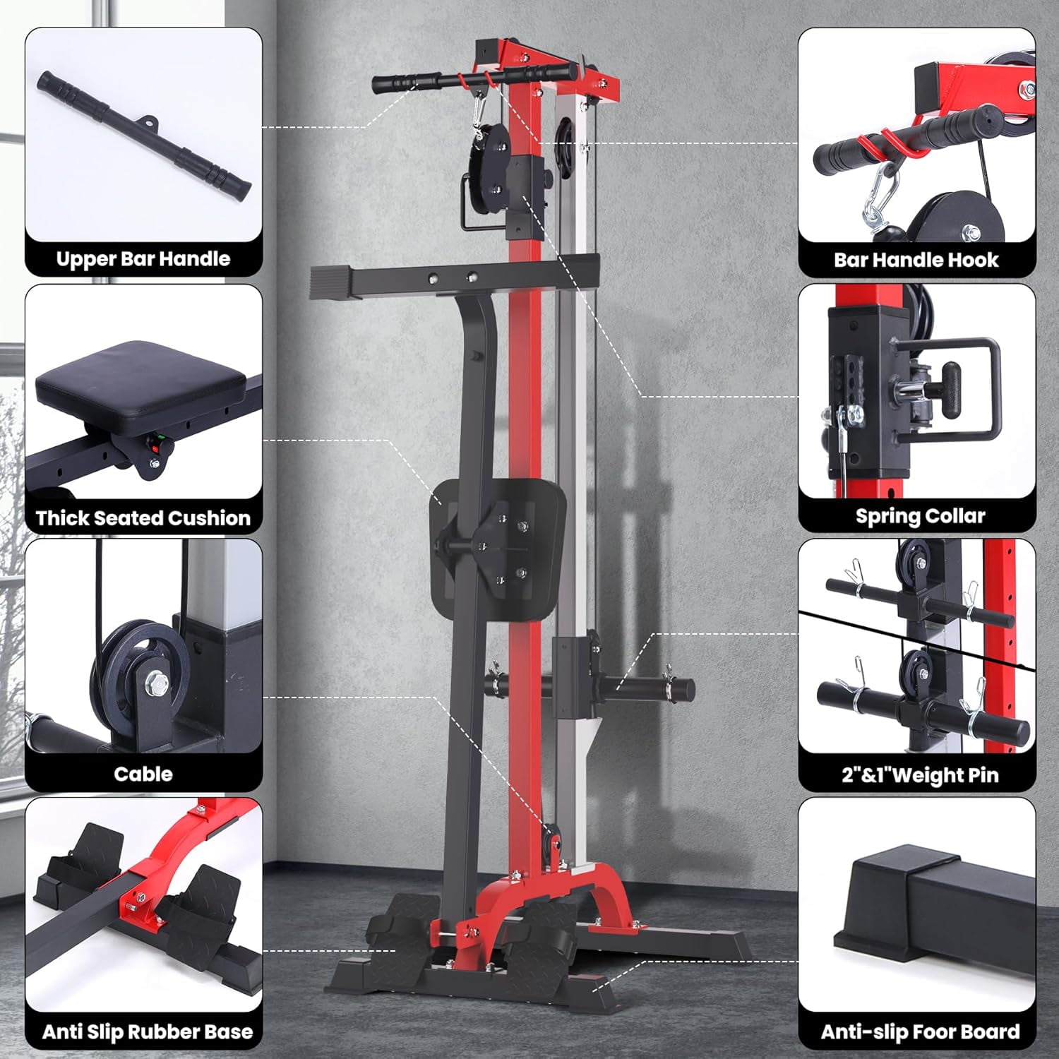 GARVEE 2 in 1 Cable Crossover Machine & Lat Pull Down Machine with Adjustable Weight and Seat,Multi-Function Compact Rowing Machines for Home Gym,Black&Red