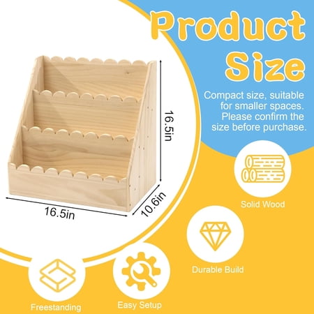 Scalloped Book Shelf for Kids, 3-Tier Wooden Bookcase Perfect Height for Toddlers, Book Organizer for Nursery Room