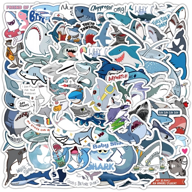 Calcomanía de vinilo con dibujos animados de tiburones y animales del océano, 100 unidades