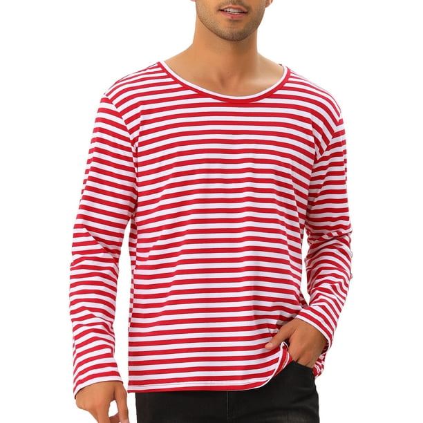 Camiseta de rayas INSPIRE CHIC para hombres, cuello redondo, de manga larga, básica M Rojo Blanco