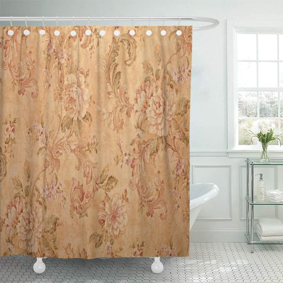 PKNMT Beige Old Vintage Golden Run Down Victorian with Baroque Floral Pattern Brown Wall Shower Curtain Bath Curtain 66x72 inch