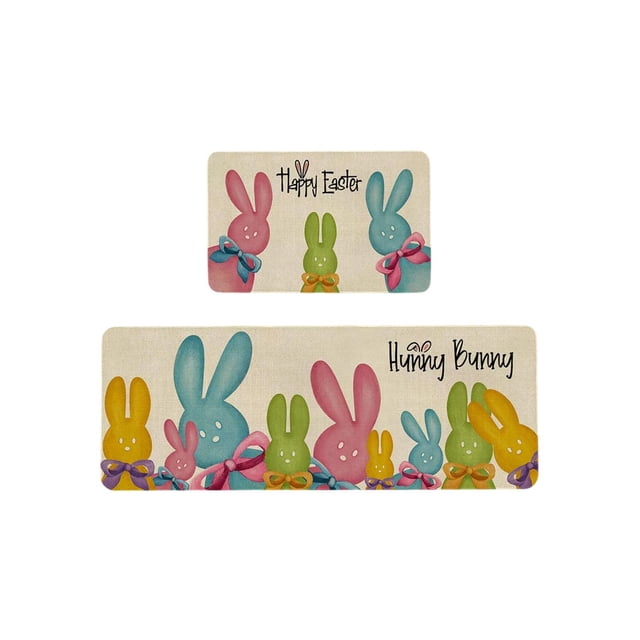 Vwrxbz Easter Kitchen Mat Set 2 Piece Bunny Egg Design Runner and Small Rug Holiday Entrance Hallway Floor Mat