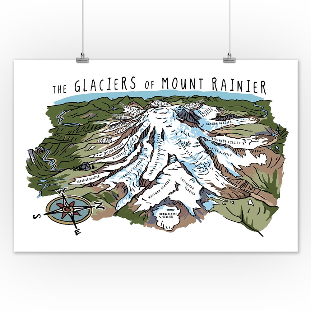Mount Rainier Glaciers Line Drawing Lantern Press Artwork (12x18