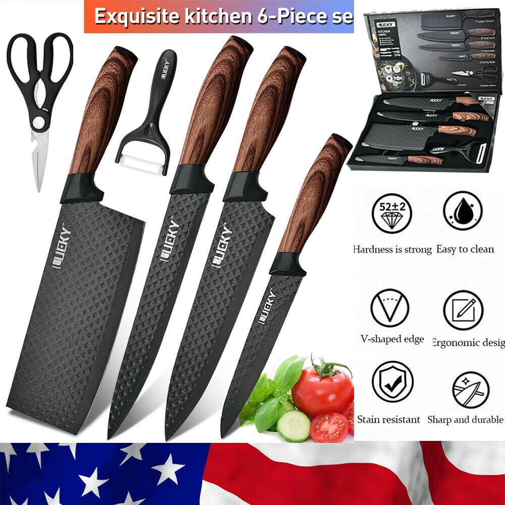SHUOJI Black Kitchen Knife Sets 6 PCS Chef Slicing Bread Utility Paring  Knife with Peeler Cooking Tools Non Stick Blade Knife