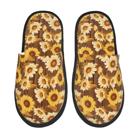 Balery Vintage Wood Grain Sunflower B Slient Indoor Furry Fleece Comfort House Shoes Soft Non-Slip Home Shoes Cotton slippers House Slippers-- Large