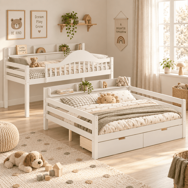 Twin XL Over Queen Bunk Bed with Storage Drawers, Solid Wood Bunk Bed Frame with Curved Guardrails, Side Storage Shelves and Ladder, No Box Spring Needed