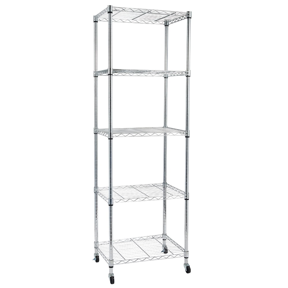 5-Tier Chrome Steel Wire Shelving Unit Commercial Grade Storage Rack with Caster Wheels Leveling Feet for Home Garage Warehouse Restaurant