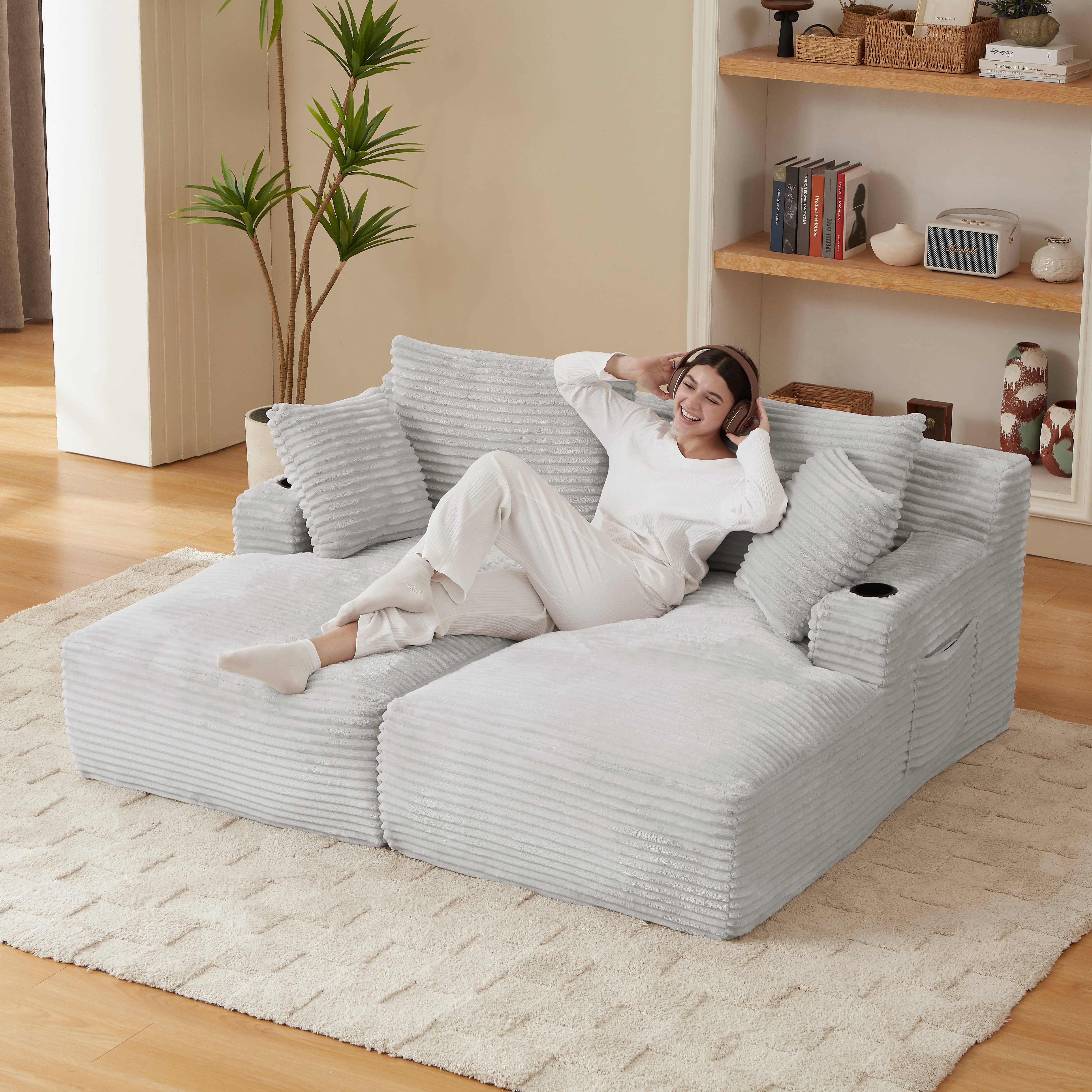 MAYEERTY Compressible Corduroy Double Chaise Sofa, Modern Sectional Loveseat with Cup Holders for Living Room, 71*62*34"Light Grey