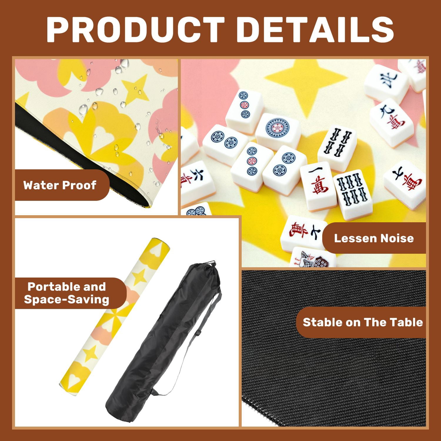Mahjong Mat 31.5" x 31.5" Seamless Floral Yellow Pink Abstract Shapes Cream Non-Slip Noise Reduction American Mahjong Tiles Table Cover for Dominoes Poker Card Board Games Gift
