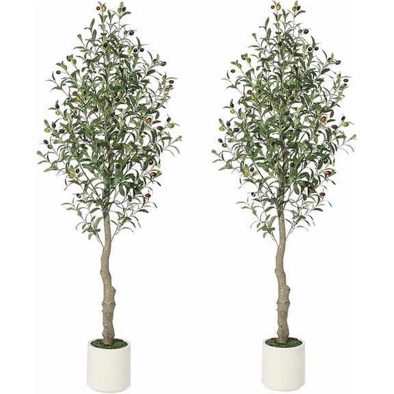 Artificial Olive Tree 5FT Tall Faux Olive Tree Indoor Fake Silk Plant with Realistic Trunk, Leaves, Fruits and White Planter, Faux Potted Tree for Home Decor and Housewarming Gift, 1 Pack