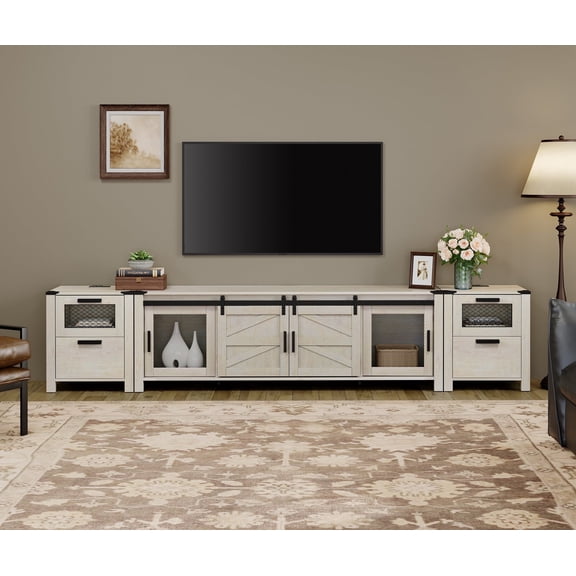 Wampat Television Stands 87G305 Industrial for 85 Inch TVs, Sliding Barn Door, Charging Station, 2 Drawers, 3-Piece Set