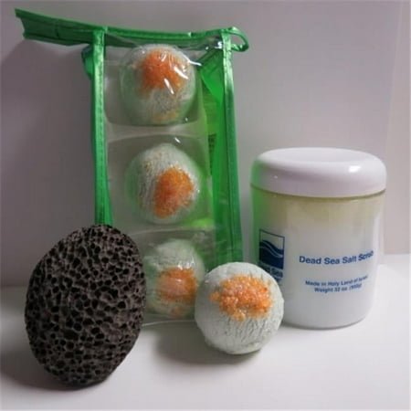 Dead Sea Spa Care DeadSea-BBTCM06 3 Pack Cucumber & Melon Bubble Bath Truffles, 32 oz Cucumber & Melon Dry Salt Scrub & Pumice Stone