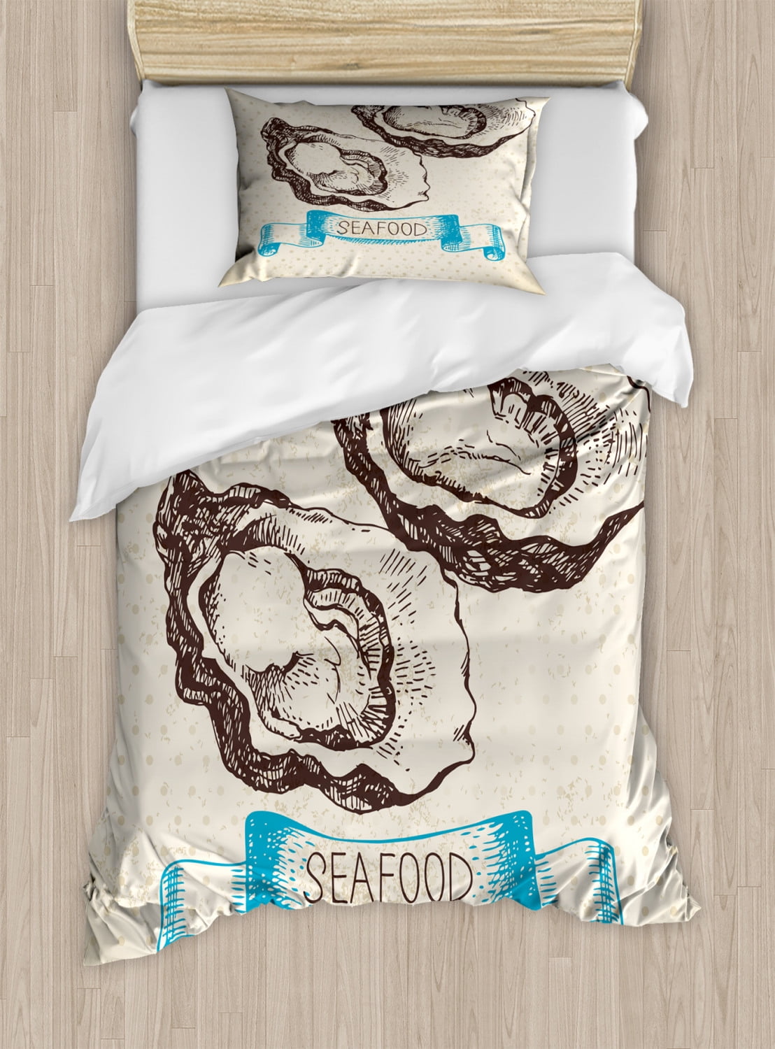 Oyster Twin Size Duvet Cover Set, Sketched Virginica Atlantic Oysters