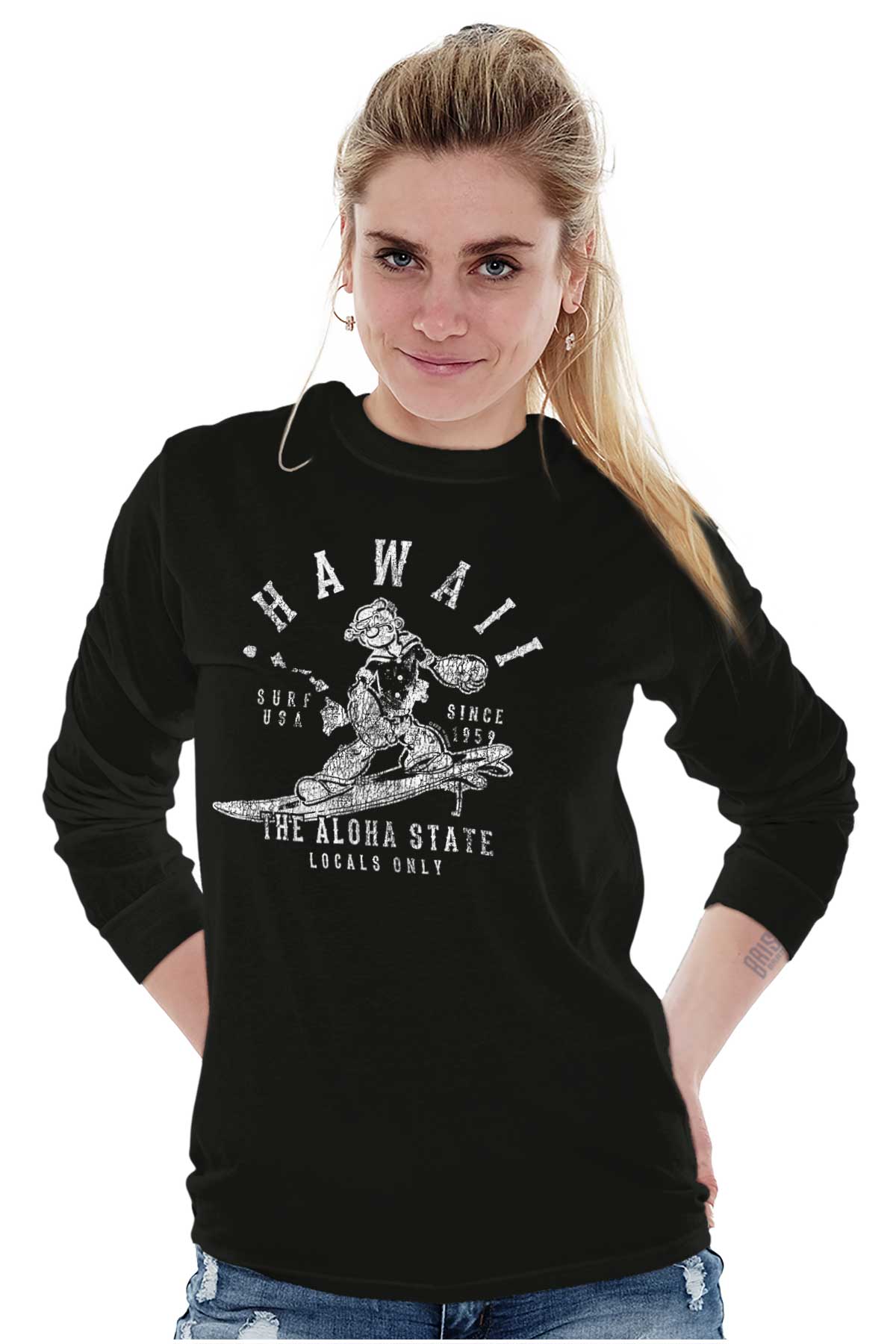 Popeye Surfing in Hawaii Aloha State Long Sleeve TShirt Men Women Brisco Brands M