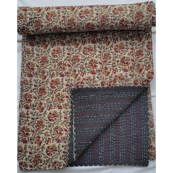 Floral Kantha Quilt Handblock Print floral Kantha Indian Netural Colour Indian inspired Bedding Hand Stitched Rural Quilted Bedding Quilt A And E Textiles House