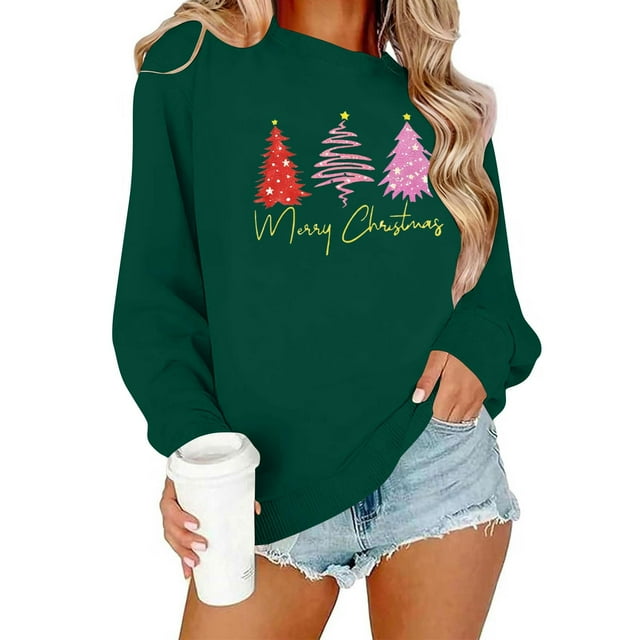 ABATAB Chandails de Noël pour Femmes à Col Rond à Manches Longues avec Imprimé d'Arbre de Noël, Chandails Molletonnés à Enfiler, Hauts Mode d'Automne, Vêtements