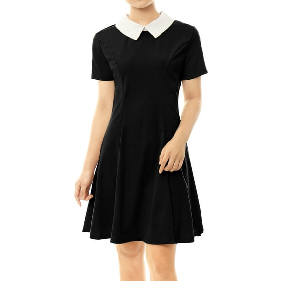 MODA NOVA Juniors Peter Pan Contrast Collar Short Sleeves Flare Dress XS Black