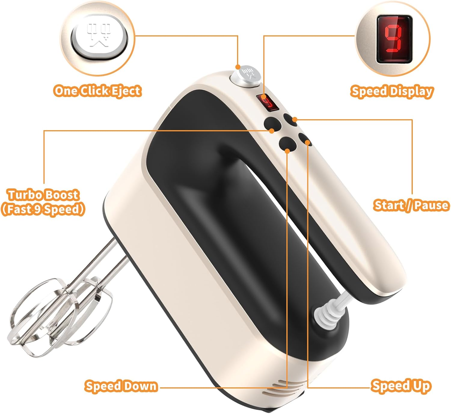 400W DC Motor Digital Hand Mixer with Storage Case, 5 Stainless Steel Accessories including Beaters, Dough Hooks and Whisk