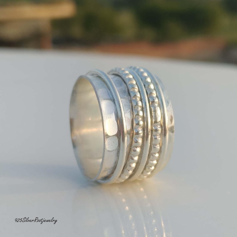 TRIDHA SILVER- Silver Fidget Spinner Ring - Wide Hammered Sterling Band With Textured Rope Meditation Design For Anxiety Relief & Unisex Minimalist Jewelry