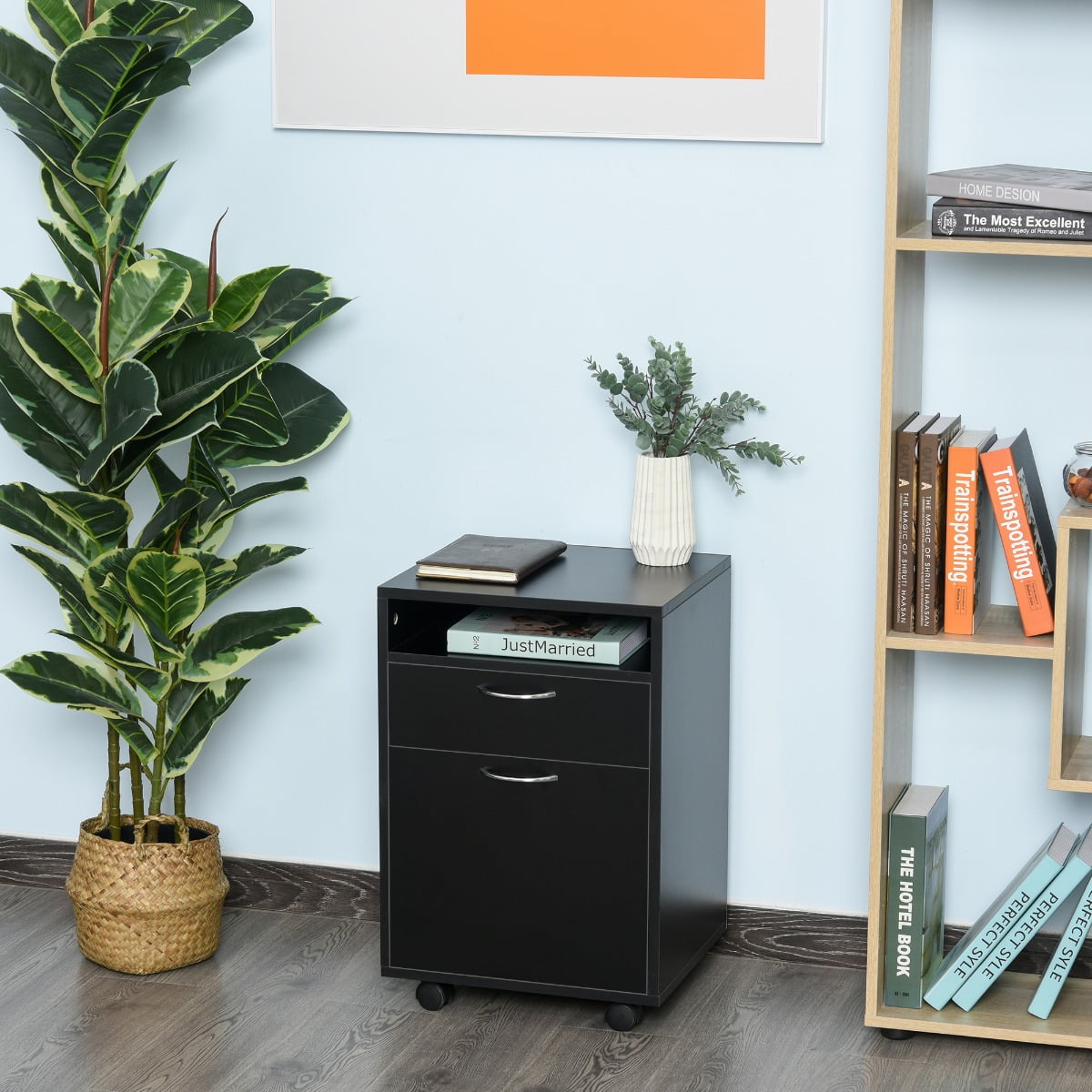 24" Rolling End Table Mobile Printer Cart Nightstand Organizer Black