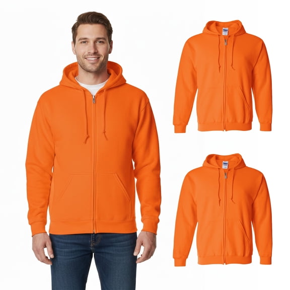 Gildan Men's Full-Zip Safety Hooded Sweatshirt, Warm Zip Hoodie Jacket, Hi-Vis Orange, 2 Pack, S