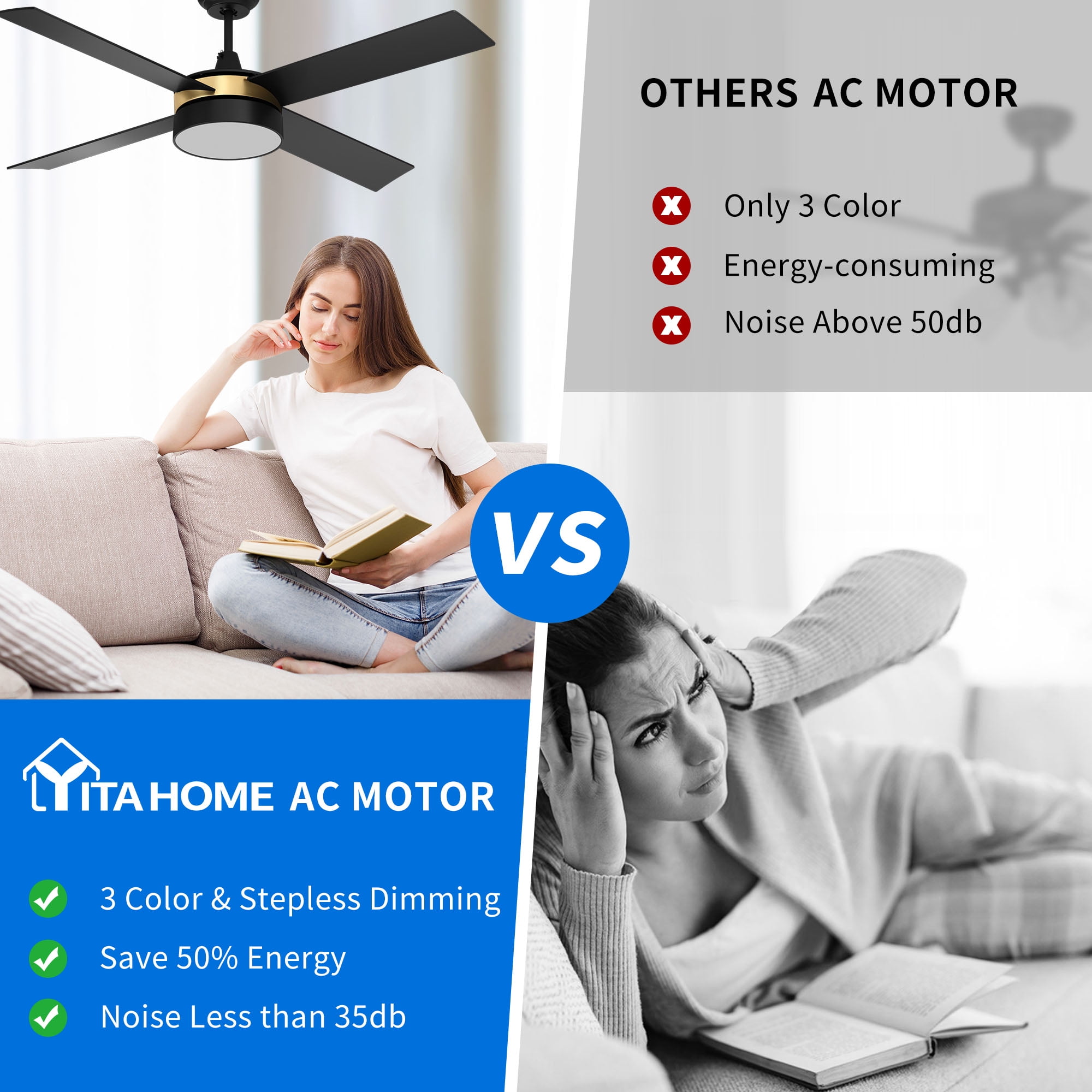 Dextrus 52in Ceiling Fan with Light and Remote, 3 Colors Light Changing, 3 Speed, 4 Blades,Reversible Airflow for Outdoor/Indoor, Black & Gold