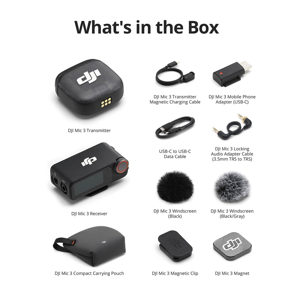 DJI Mic 3 (1 TX + 1 RX) Advanced Mini Wireless Microphone CP.RN.00000479.01 Bundle with 2x Deco Essentials 3.5mm Computer Clip-On Mini Lapel Mic