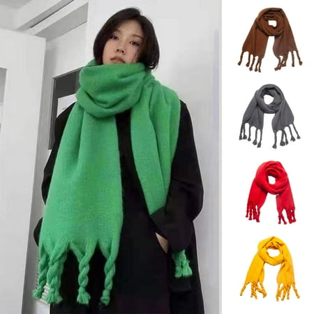 

Clinaoy Women Winter Scarf Twisted Tassel Solid Color Thick Warm Soft Neck Protection Warm Windproof Wide Long Decorative Lady Shawl