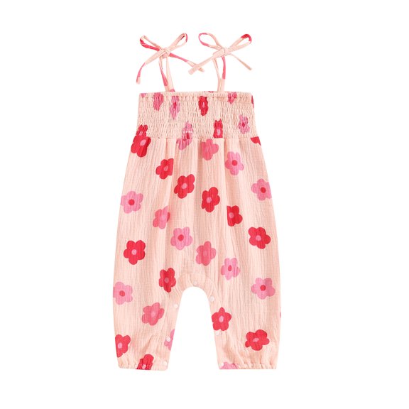 Aojekbee Baby Girl Romper Flower Print Shirred Neck Tie-Up Spaghetti Straps Jumpsuit Toddler Summer Overalls
