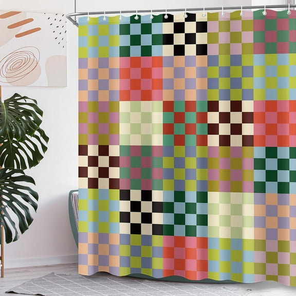 Retro Colorful Checkered Shower Curtain Sets for Bathroom Multicolor Checkerboard Groovy Aesthetic Modern Shower Curtain Nature Bathtub Curtain Bathroom Decor with Hooks 72"W x 78"L (Pack of 1)