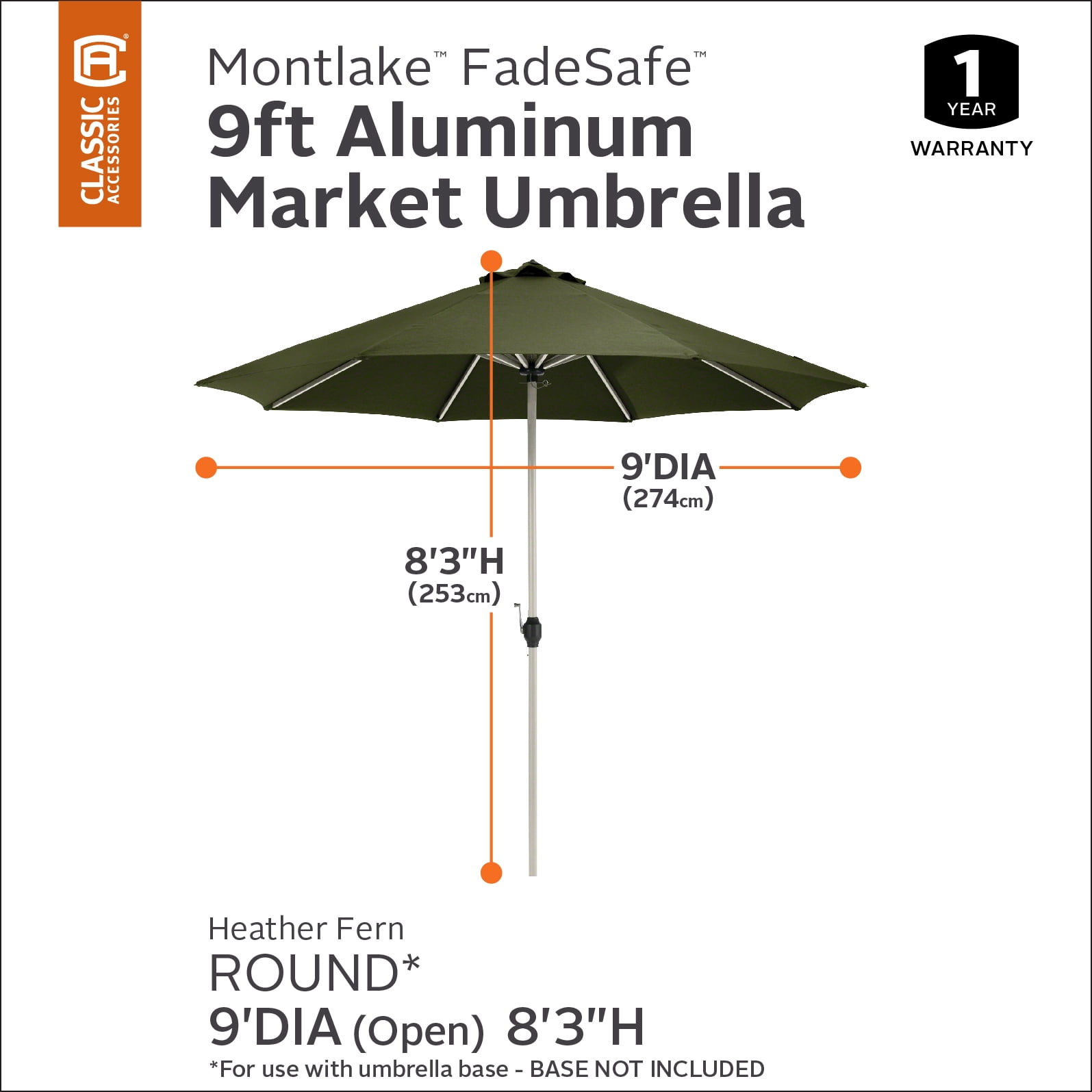 Classic Accessories Montlake™ Fadesafe™ 9' Round Aluminum Patio Umbrella, Heather Fern Green