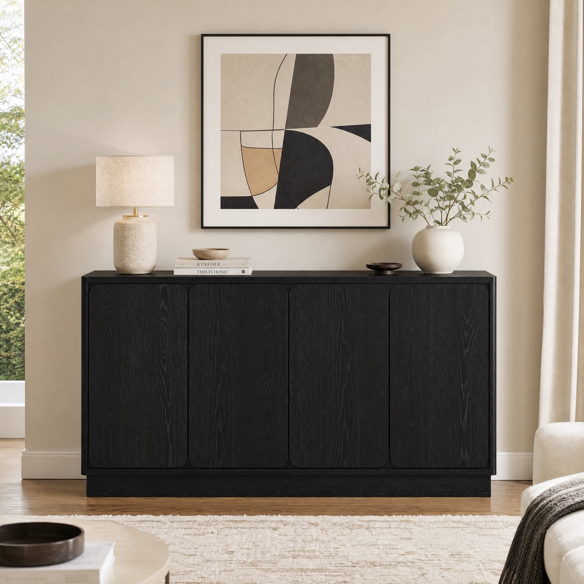 Mintazer 59.1"W Sideboard Buffet Cabinet with Adjustable Shelves, 4 Door Storage Credenza Cabinet for Dining Room Kitchen Living Room, Entryway, Black