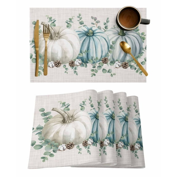 Placemats Set of 1 Fall Thanksgiving White Green Blue Pumpkin Watercolor Leaves Heat Insulation Washable Place Mats, Rustic Non-Slip Table Mats for Dining Table Party Kitchen Decor,13x19 Inch
