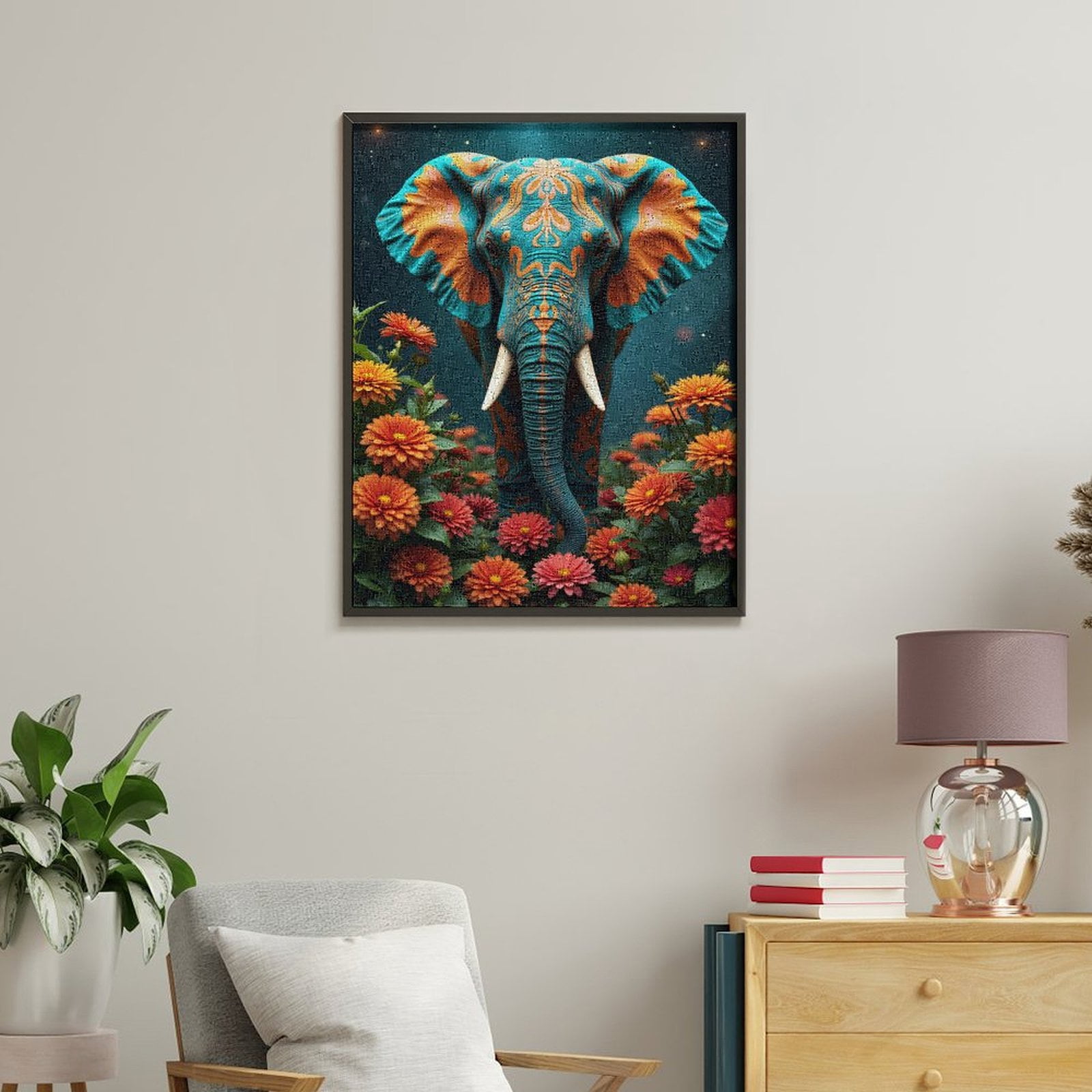 Paint By Numbers Kit for Adults Beginner - DIY Elephant Floral Art Orange Blue Canvas Painting Kits for Adults, Frameless Paint By Number for Adults for Home Wall Decor 16x20 Inch