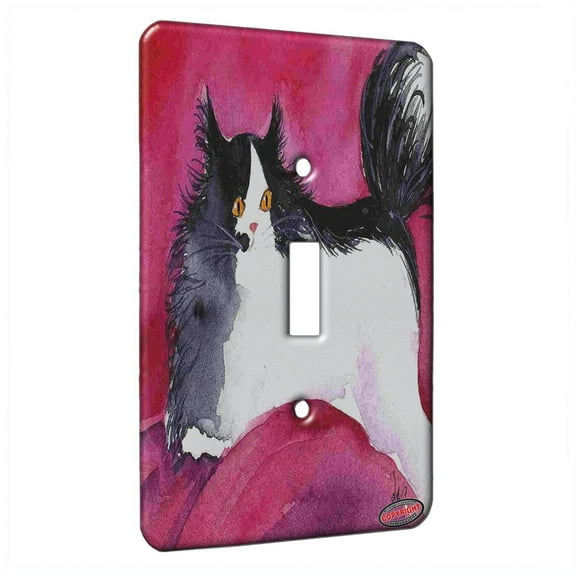 KuzmarK™ Single Gang Toggle Switch Wall Plate - Tuxedo Maine Coon Kitty on Hot Pink Abstract Cat Art by Denise Every