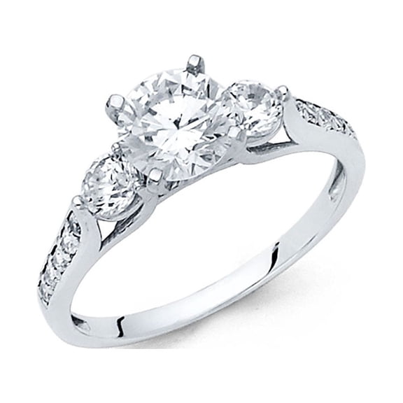 Round Three Stone CZ Engagement Ring 14k White Gold Anniversary 3 Stone CZ Band Side Stones Size 7