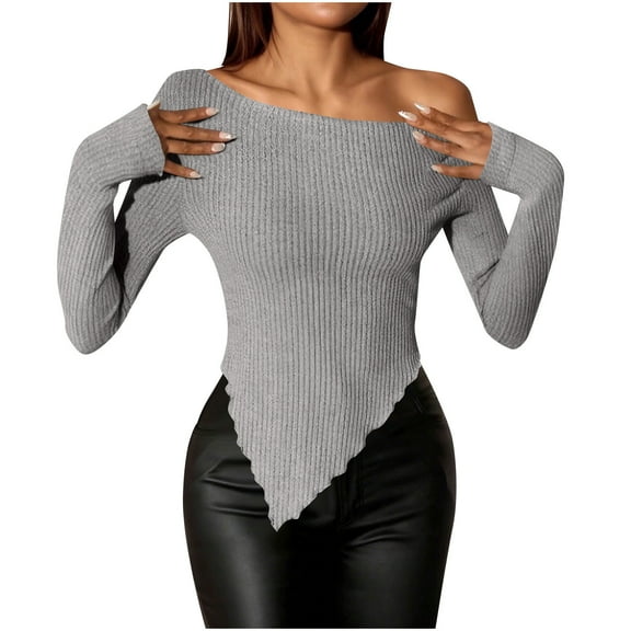 cfhntfmh Women's off the Shoulder Tops Trendy Long Sleeve Ribbed Knit Asymmetrical Going out Tops Slim Fit Tee Shirts