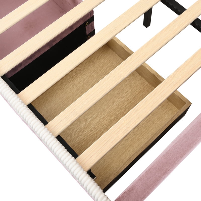 Full Size Upholstered Daybed Frame, Low-Profile Storage Platform Bed with 2 Drawers and Open Compartment, Two-Tone Accent Kids Bed