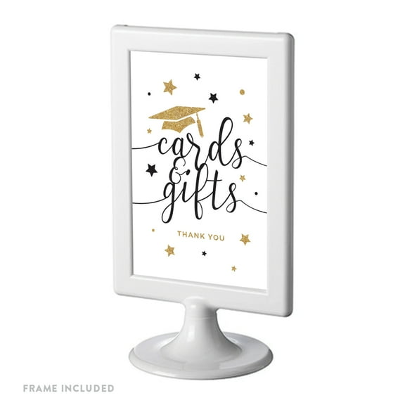 White and Gold Glittering Graduation Party Sign, Double-Sided 4x6-inch, Cards & Gifts, Includes Reusable Frame