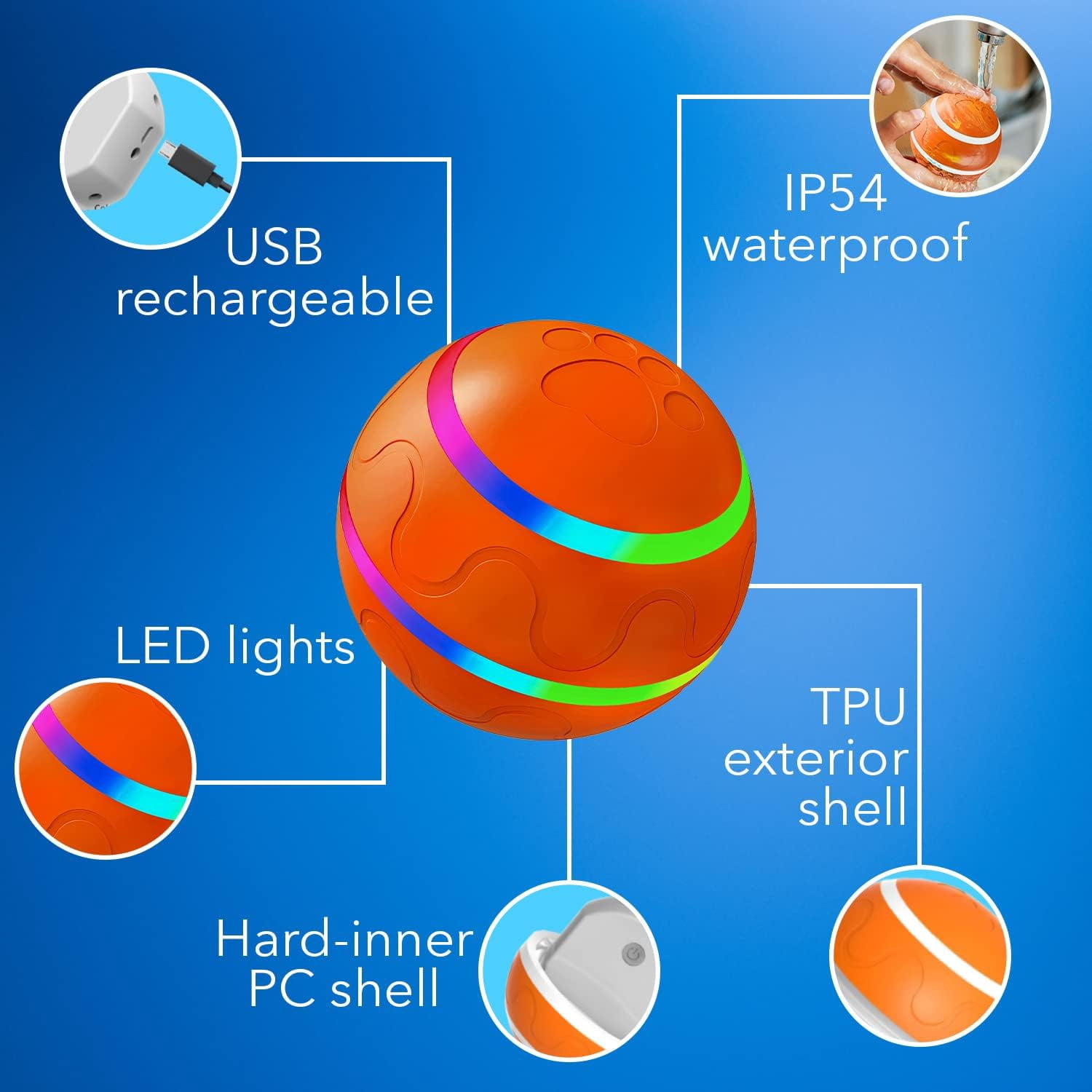 CSD Interactive Dog Ball Toy - Automatic Pet Ball for Dogs - Automatic Ball with USB Charging & LED Lights - Dual Mode - Active Rolling Ball for Cats & Dogs - Safe Soft Exterior & PC Interior
