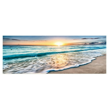 Wall Art Canvas Painting Seaside Sunset Over The Beaches Blue sea View Landscape Ocean Picture Poster Print Framed and Stretched Ready to Hang for Living Room Bedroom Kitchen Office