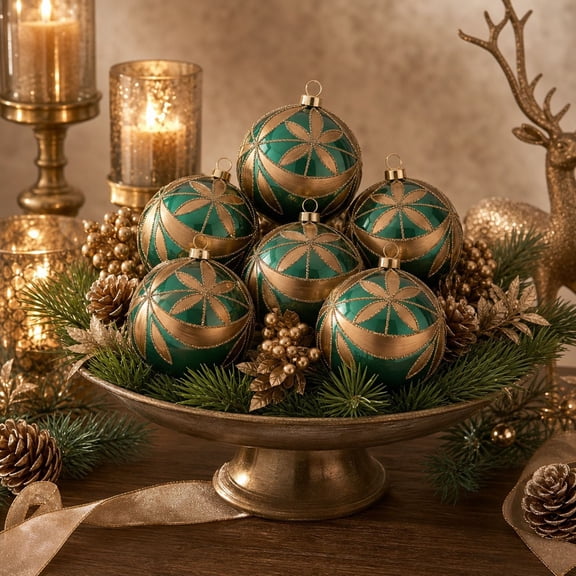 Festive Shatterproof Christmas Tree Ornament Set, 6 Pack 3.15 Inch Glittered Floral Accent, Hanging Holiday Decor for Xmas Tree Wreath Mantel, Green and Gold Ornaments