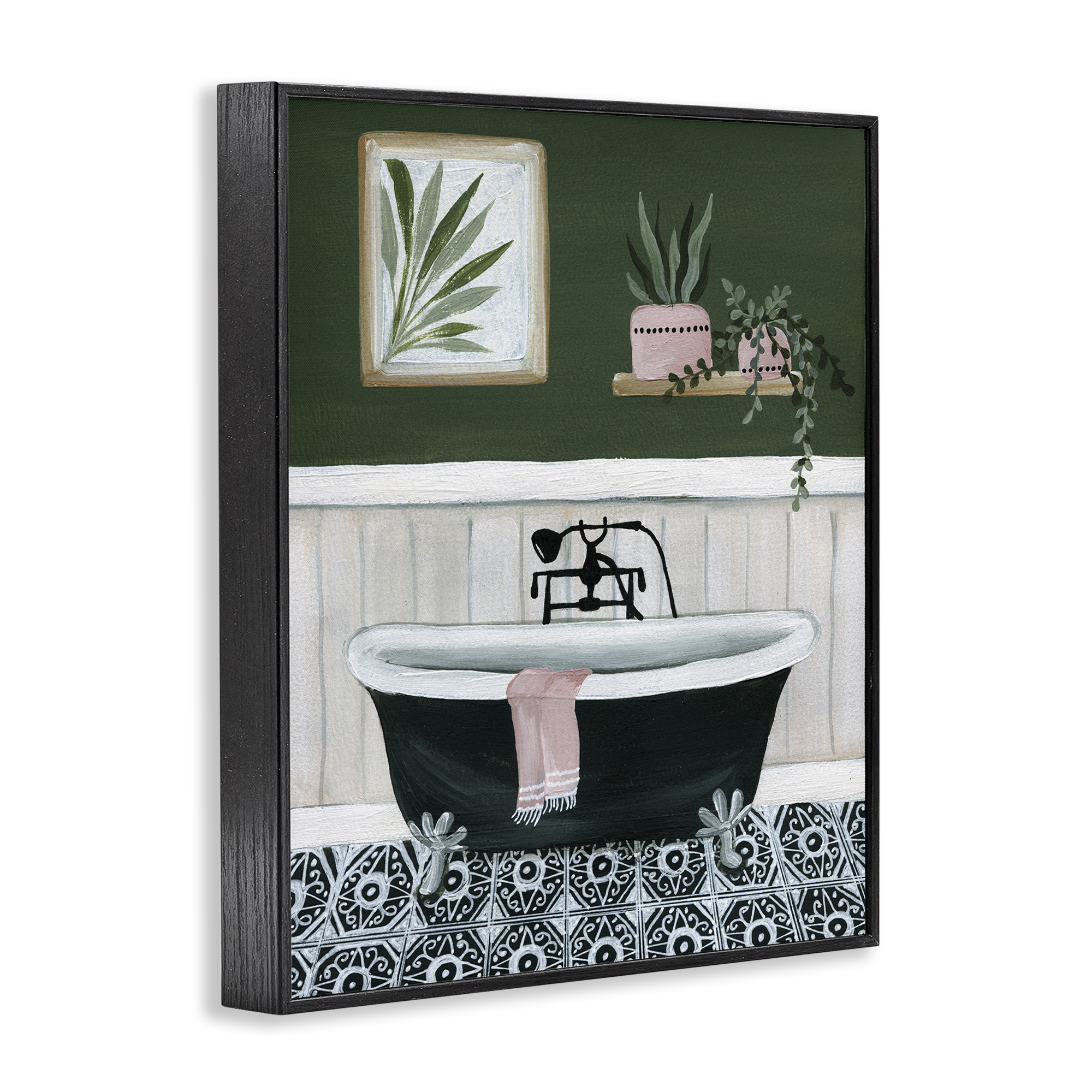 Stupell Industries Green Bathroom Scene Typography Painting Black Framed Art Print Wall Art, 11 x 14