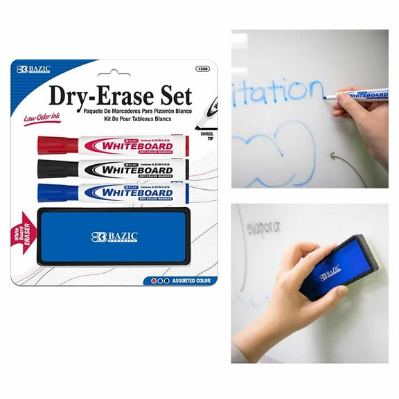 BAZIC White Board Marker 3 Assorted Color Chisel Tip Dry Erase Markers w/ Eraser