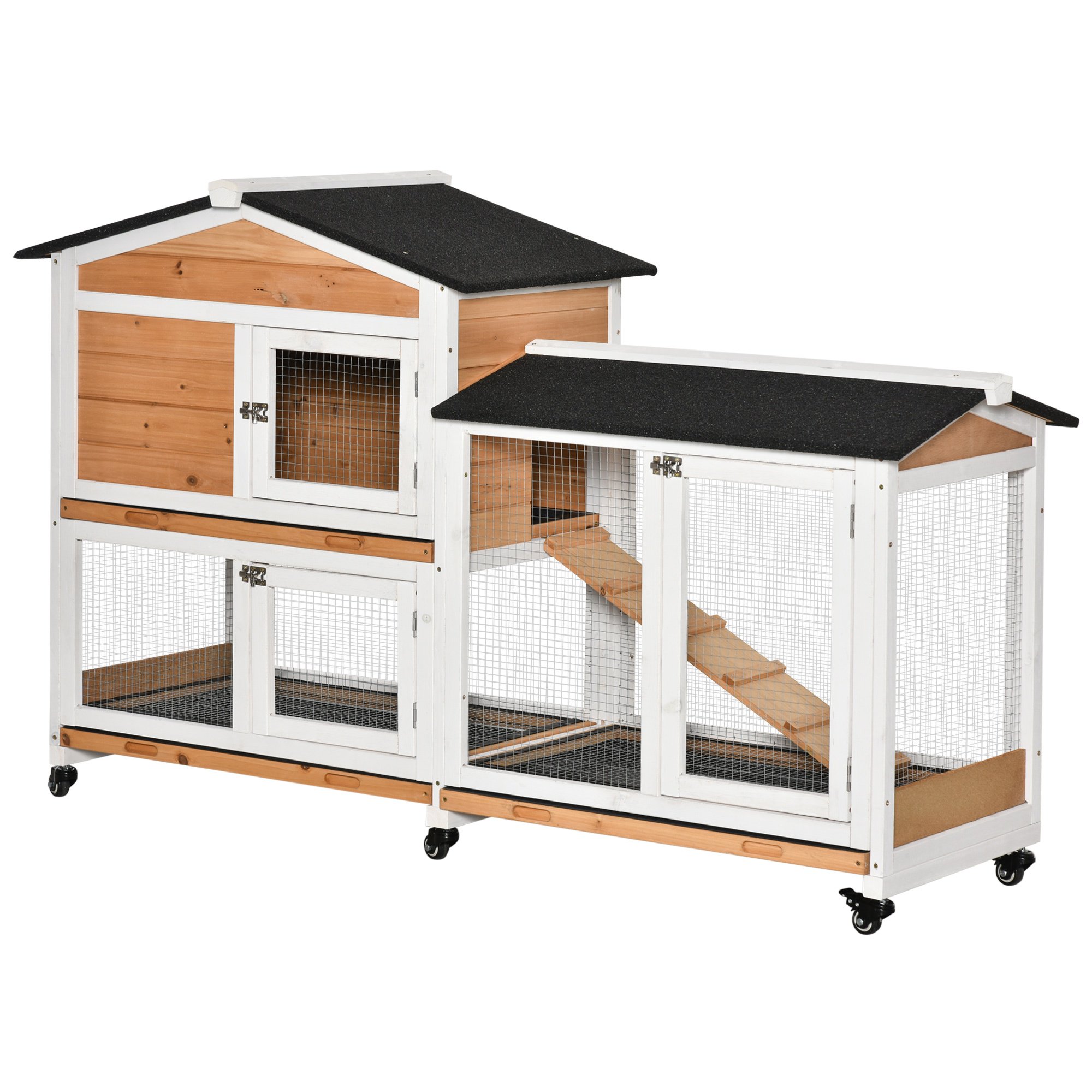62" Rabbit Hutch Wooden Outdoor Bunny Cage with Run, Yellow - Small Animal House