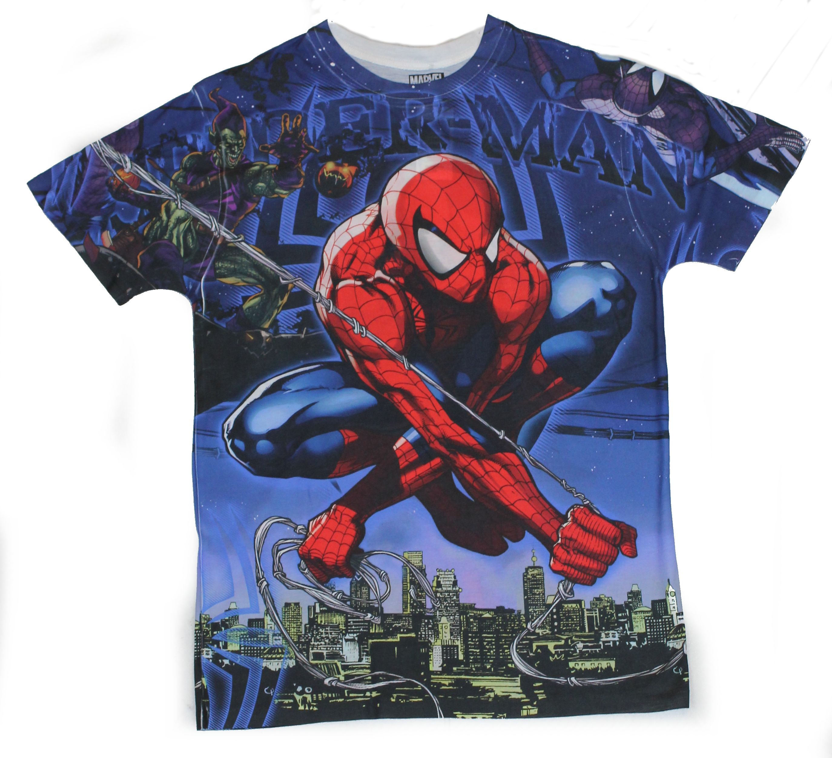 Spider-man (marvel comics) mens t-shirt Spider-man (Marvel Comics) Mens T-Shirt - Giant Green Goblin Chase