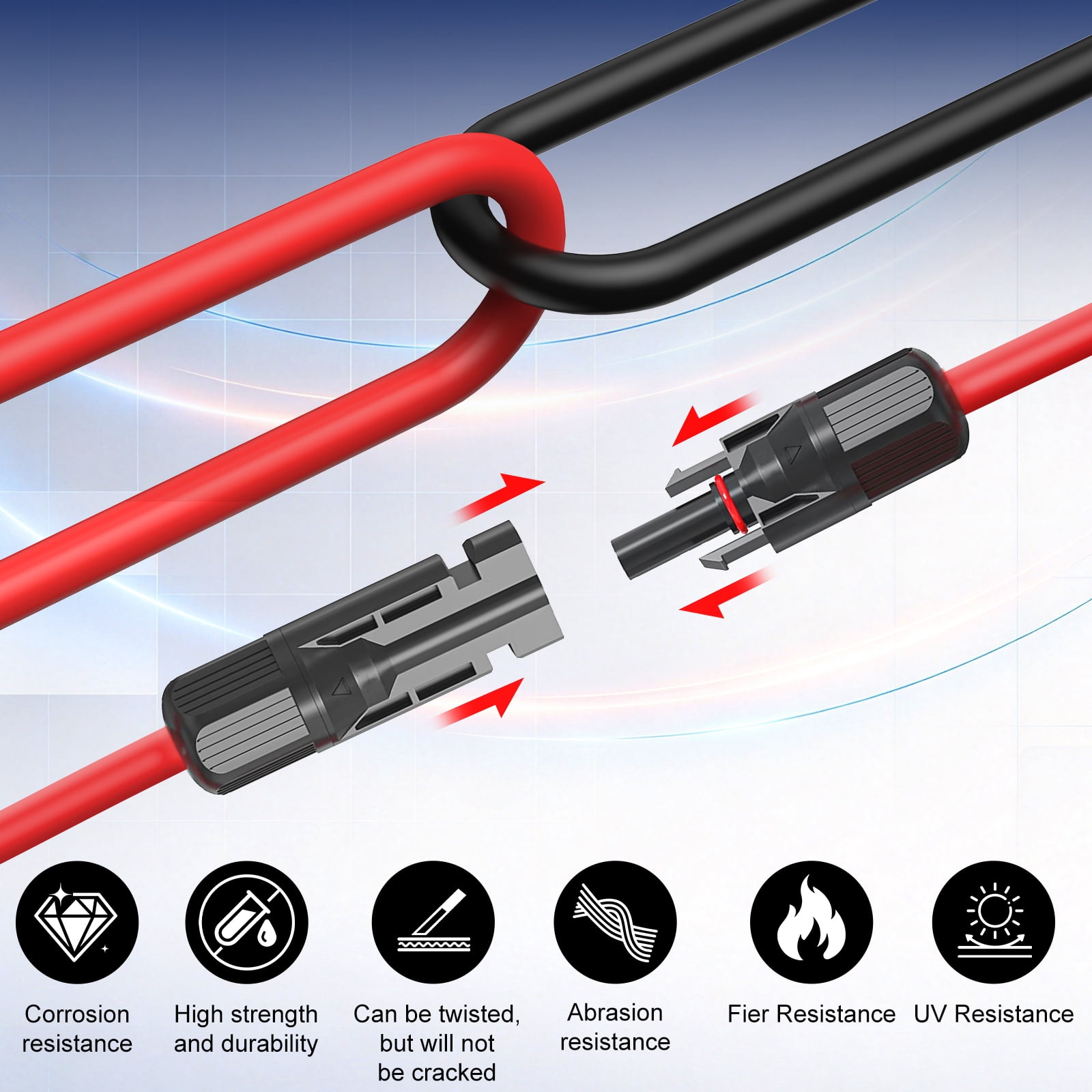 Solar Panel Extension Cable 30FT 10AWG, 6mm² Solar Extension Cable Wire with Female Male Waterproof Connectors for RV, Photovoltaic Systems