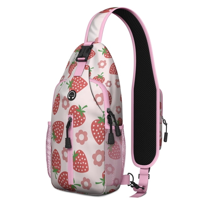 Sweet Red Strawberry Pattern Sling Bag, Fruity Berry Print Crossbody Backpack with Fresh Flowers and Summer Design