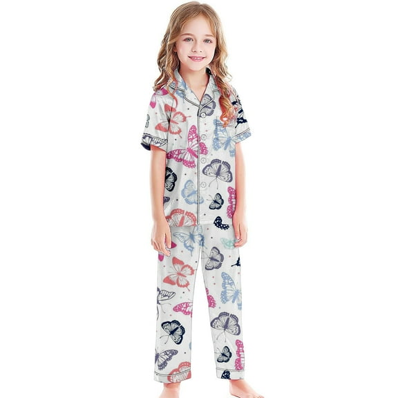 Girls Pajamas 3Pcs Button Down Pjs Short Sleeve Top Shorts & Long Pants Bow Valentine's Day Pajama Sets Nightwear Loungewear for 4t-15years 3pcs Sleepwear