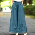 thumbnail image 4 of Mifsaly Flowy Pants for Women High Waisted Wide Leg Palazzo Pants Floral Embroidery Loose Casual Summer Trousers with Pockets Blue,M, 4 of 6